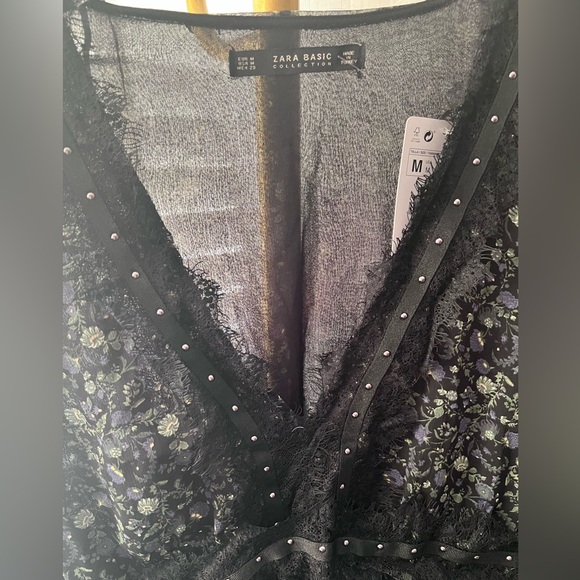 NWT Zara Floral Dress, Studded w/ Lace Trimmings in Greeb and Black Color, Sz M - Picture 5 of 11